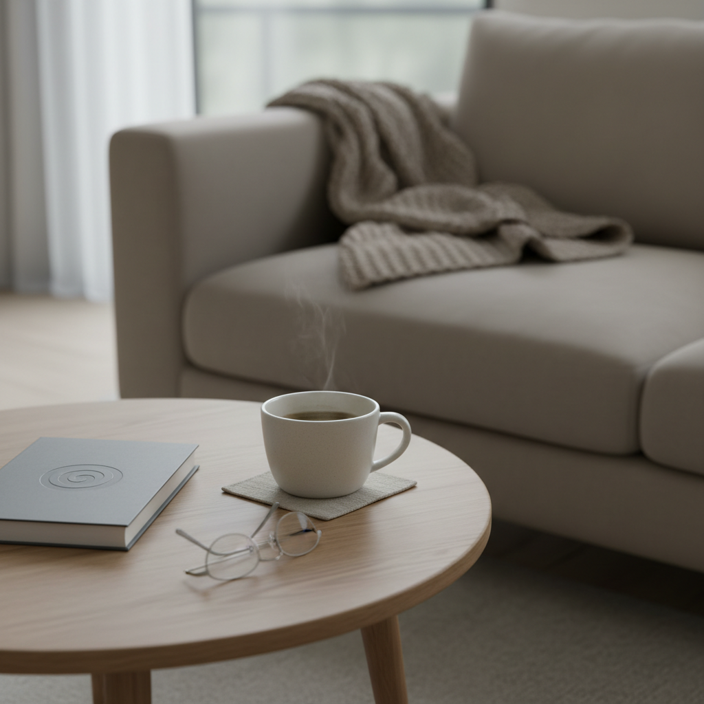 A minimalist living room scene centers on a small oak coffee table where a closed, slate-gray book titled only by a subtle embossed symbol rests beside a pair of translucent reading glasses. A pale stoneware mug with a faint tea ring sits on a linen coaster, steam barely visible in the cool ambient light from a large unseen window. The sofa behind is out of focus, draped with a soft, textured throw blanket in warm taupe. Shot in photographic realism from a low, three-quarter angle, the composition uses the rule of thirds and a shallow depth of field to create an atmosphere of understated sophistication, quiet resilience, and emotional recovery.