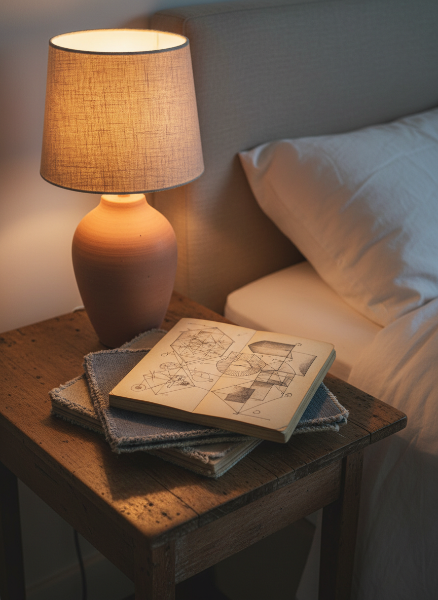A narrow wooden bedside table supports a small stack of mismatched notebooks, each with frayed cloth covers in muted blues and grays, corners softened from years of use. On top, a single notebook lies open, revealing hand-drawn geometric patterns and softly shaded diagrams. A ceramic lamp with a warm linen shade casts a pool of golden hour light, leaving the far side of the table in gentle shadow. In the background, a blurred upholstered headboard and rumpled, light-colored bedding suggest a private sanctuary. Photographic realism, shot from a slightly elevated angle, emphasizes a calm, reflective mood and the subtle transformation found in late-night self-exploration.